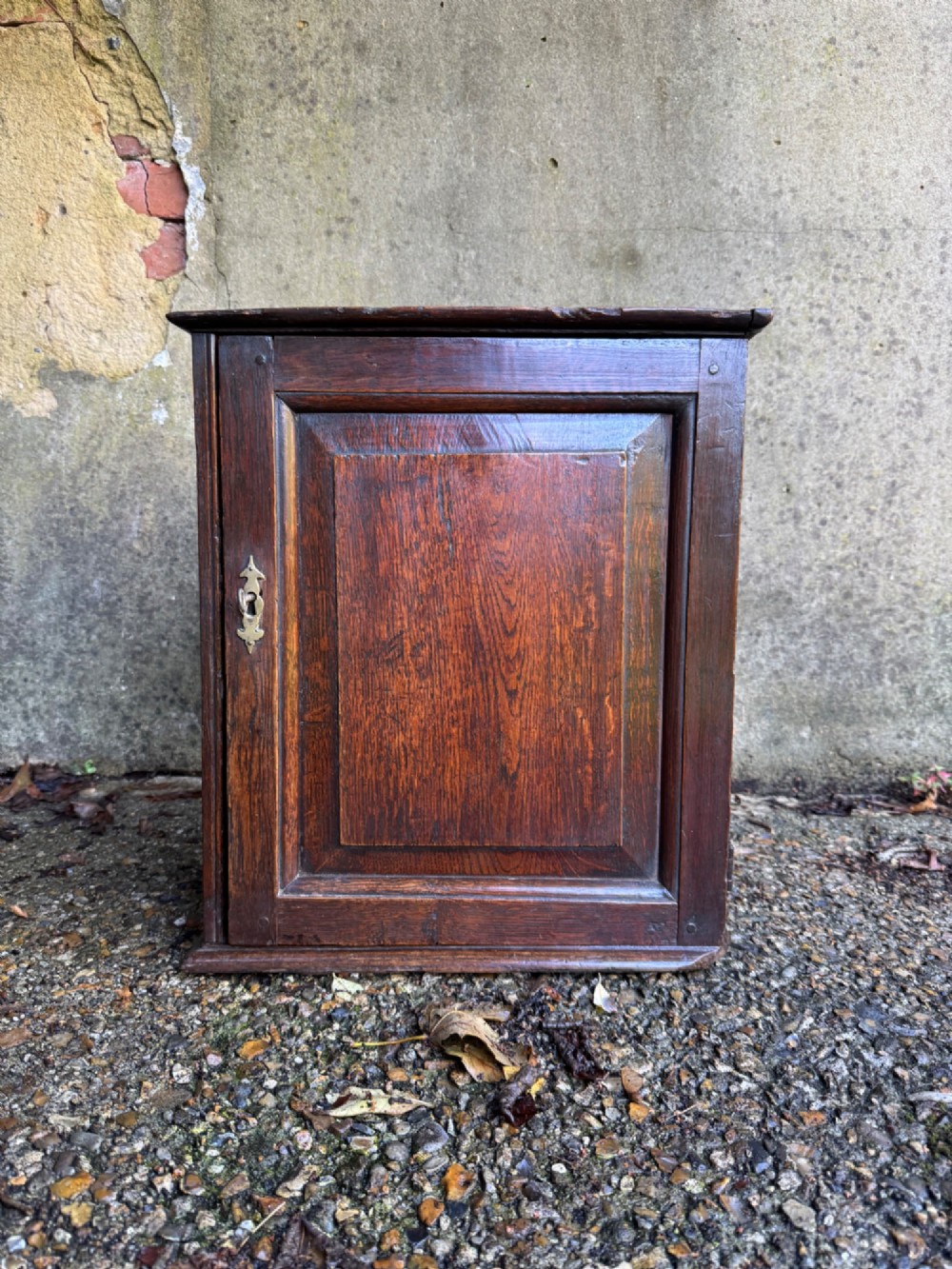 A small dark oak cupboard featuring a single fielded panel door with a brass keyhole escutcheon.
