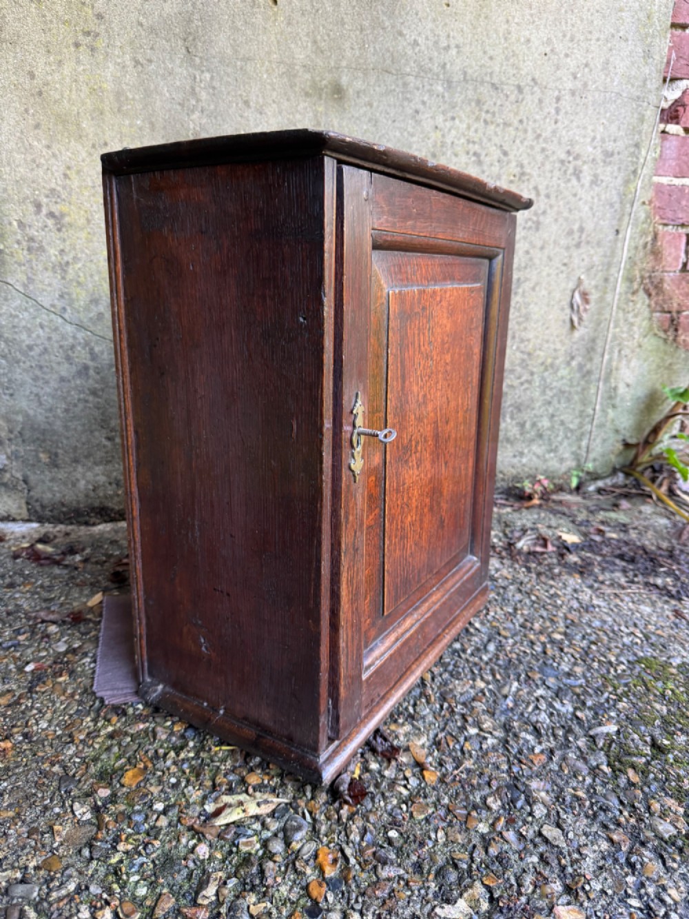 A small dark oak cupboard featuring a single fielded panel door with a brass keyhole escutcheon. View III