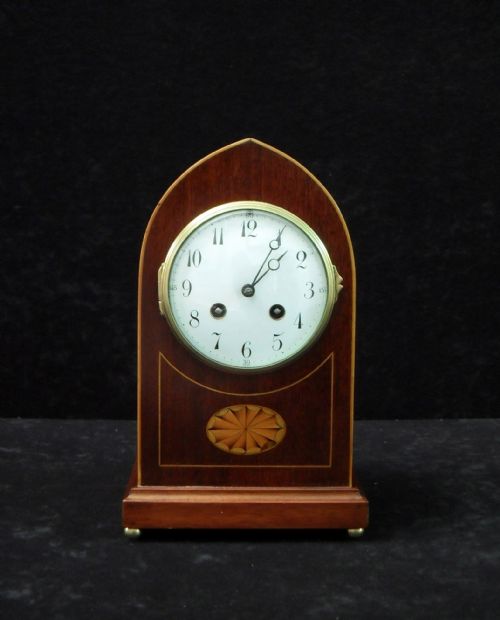 French Belle Epoque Mahogany Lancet Top Mantel Clock