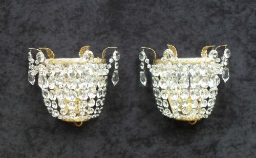 Pair of Art Deco Crystal Glass Basket Wall Lights