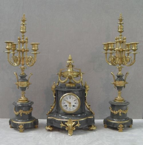 French Louis Xvi Style Marble and Bronze Gilt Clock Set