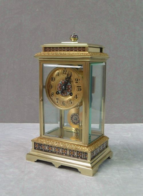 French Brass Four Glass and Champleve Mantel Clock