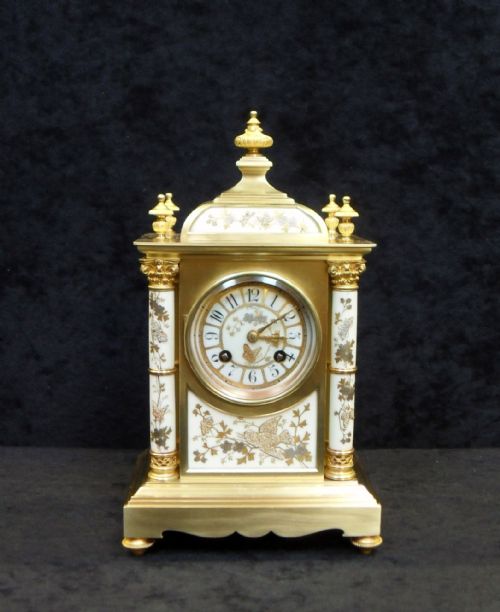 French Belle Epoque Brass and Porcelain Mantel Clock