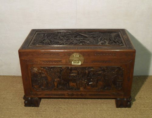 Early 20th Century Oriental Carved Camphor Wood Chest