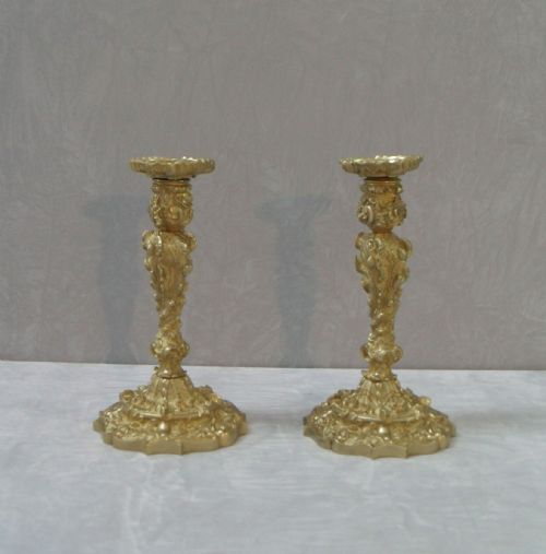 Pair of French Rococo Style Bronze Gilt Candlesticks