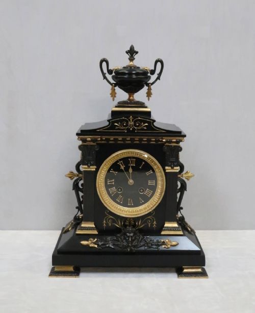 French Neoclassical Black Slate and Bronze Gilt Mantel Clock