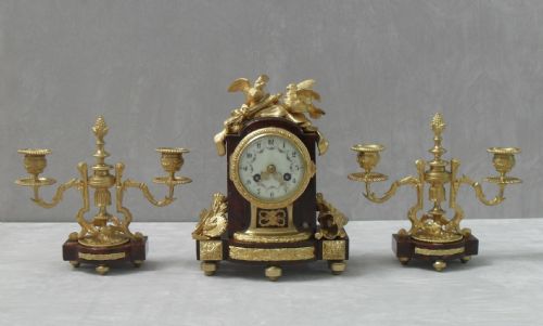 French Marble and Bronze Gilt Clock Set in Louis Xiv Style