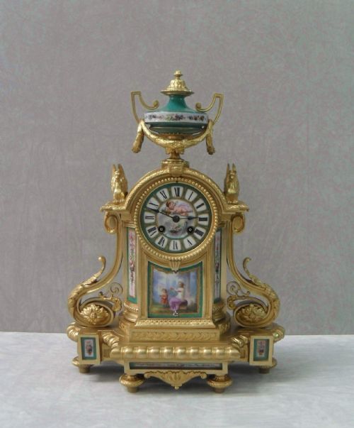 French Louis Xvi Style Bronze Gilt and Porcelain Mantel Clock