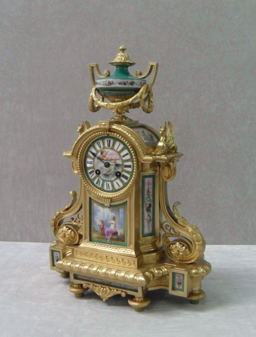 fig 1. French Louis XVI Style Bronze Gilt and Porcelain Mantel Clock 