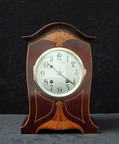 German Art Nouveau Mahogany Inlaid Mantel Clock by Lenzkirch