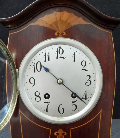 fig 1. German Art Nouveau Mahogany Inlaid Mantel Clock by Lenzkirch