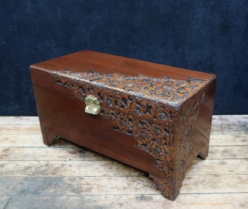 Early 20th Century Oriental Carved Camphor Wood and Teak Chest