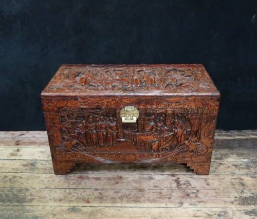 Early 20th Century Oriental Camphor Wood Carved Chest