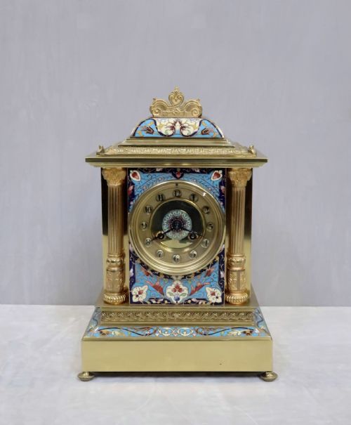 French Brass and Champleve Mantel Clock by Samuel Marti