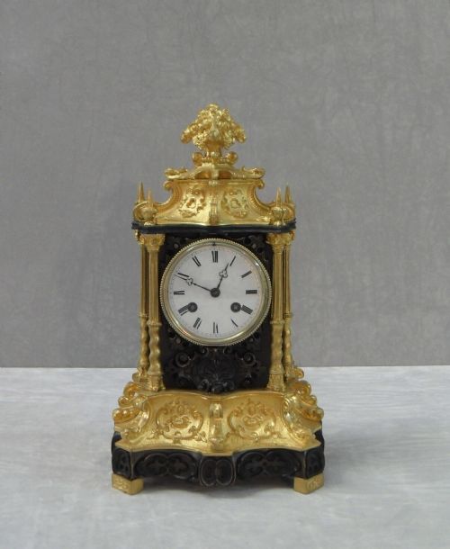 French Gothic Revival Bronze and Bronze Gilt Mantel Clock