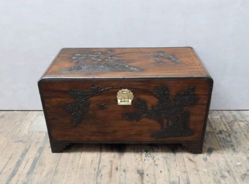 Early 20th Century Oriental Camphor Wood Carved Chest