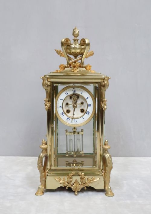 French Belle Epoque Brass Four Glass Mantel Clock