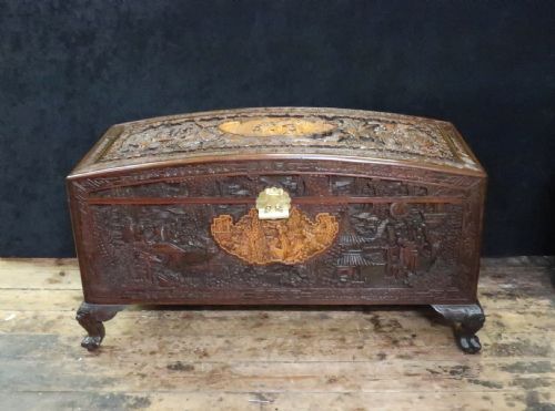 Oriental Camphor Wood and Maple Carved Chest