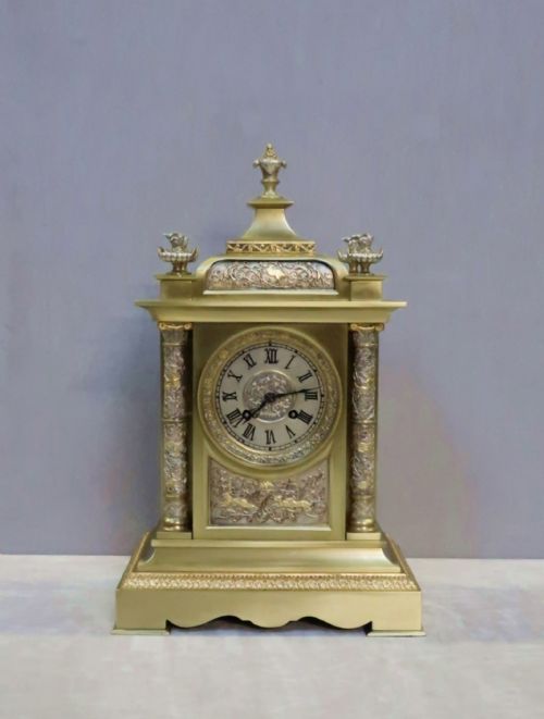 French Belle Epoque Brass and Silver Gilt Mantel Clock