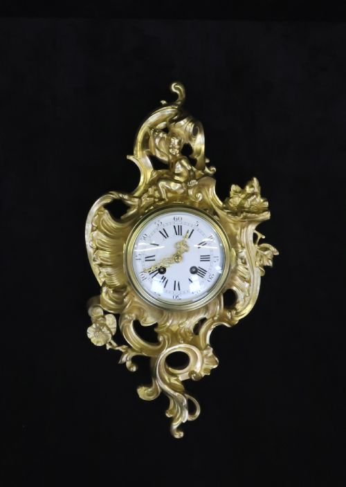 French Bronze Gilt Rococo Style Cartel Wall Clock by Japy Freres