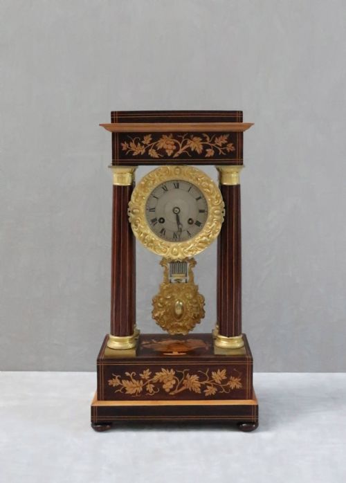 French Rosewood and Satinwood Portico Mantel Clock