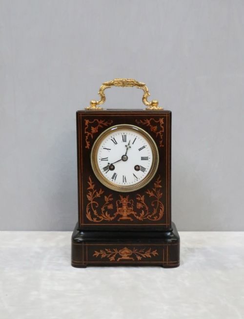 French Napoleon III Inlaid Campaign Mantel Clock by Vincenti