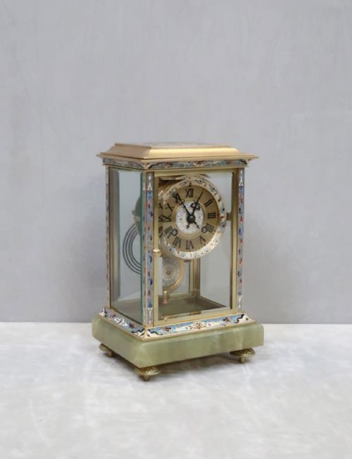 French Champleve Four Glass Mantel Clock by Samuel Marti