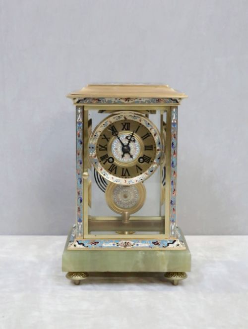 fig 1. French Champleve Four Glass Mantel Clock by Samuel Marti