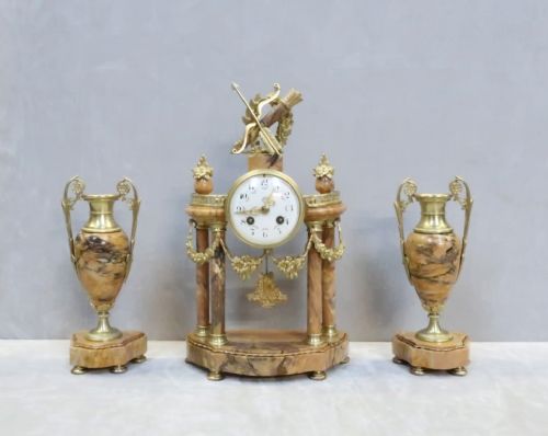 French Louis Xvi Style Sienna Marble and Bronze Gilt Clock Set
