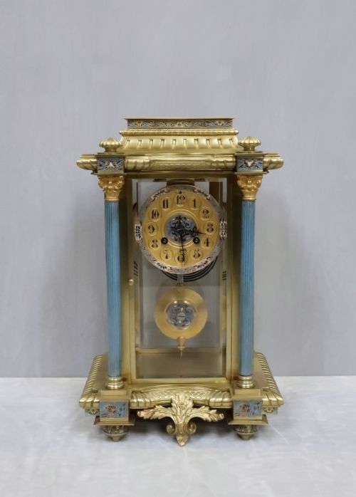 French Four Glass, Brass and Champleve Mantel Clock by Vincenti