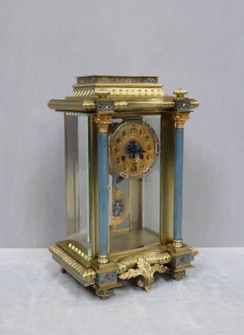 fig 1. French Four Glass, Brass and Champleve Mantel Clock by Vincenti