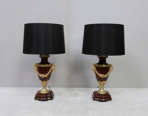 Pair of French Mahogany and Bronze Gilt Table Lamps