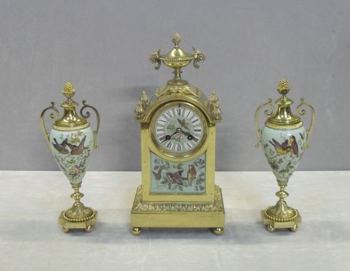 French Belle Epoque Brass and Porcelain Clock Set