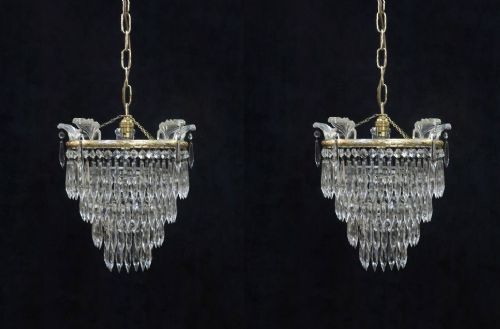 Pair of Italian Art Deco Four Tier Crystal Glass Chandeliers
