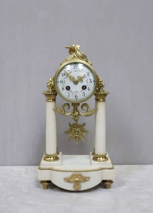French Louis Xvi Style White Marble Mantel Clock by Samuel Marti
