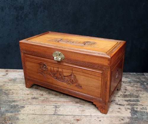 Early 20th Century Oriental Carved Teak and Camphor Wood Chest