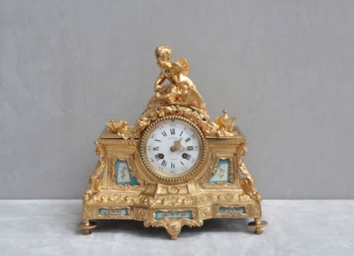 French Napoleon III Bronze Gilt and Porcelain Mantel Clock