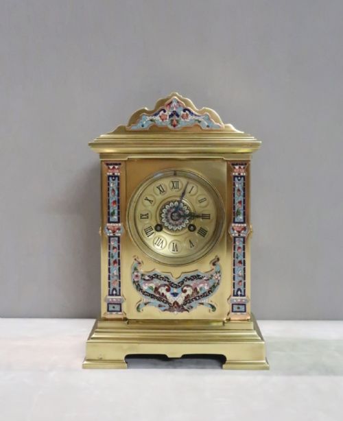 French Napoleon III Brass and Champleve Mantel Clock by Vincenti