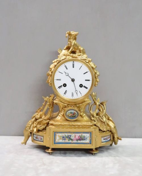 French Louis Xvi Style Bronze Gilt and Porcelain Mantel Clock