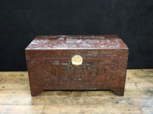 Early 20th Century Oriental Carved Camphor Wood Chest