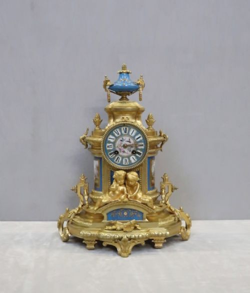 French Napoleon III Bronze Gilt and Porcelain Mantel Clock