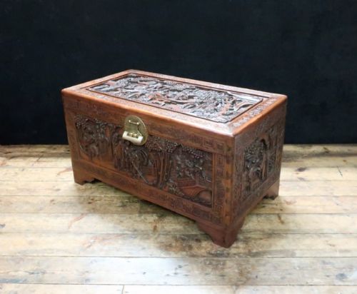 Oriental Carved Teak and Camphor Wood Chest