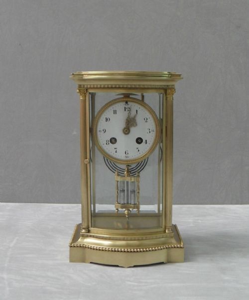 French Belle Epoque Brass Four Glass Mantel Clock by Japy Freres
