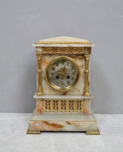 French Neoclassical Alabaster and Bronze Gilt Mantel Clock