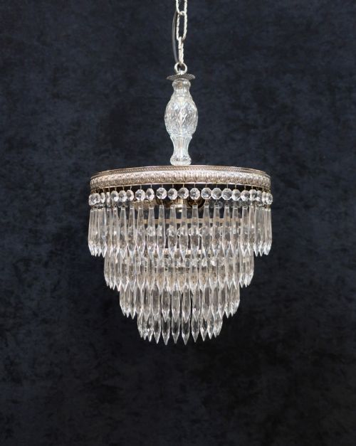 Italian Art Deco Chrome Four Tier Crystal Glass Chandelier