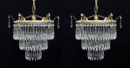 Pair of Italian Art Deco Three Tier Crystal Glass Chandeliers