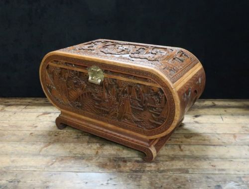 Early 20th Century Oriental Carved Teak and Camphor Wood Chest
