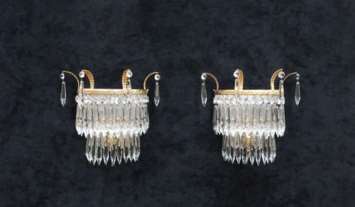 Pair of Italian Art Deco Two Tier Crystal Glass Wall Lights