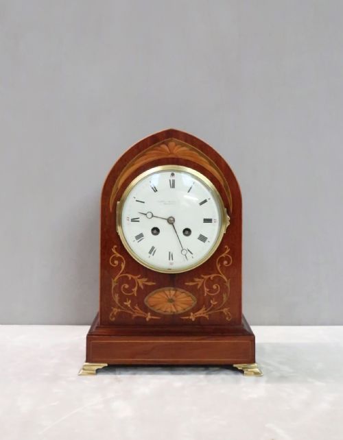French Belle Epoque Mahogany and Inlaid Mantel Clock