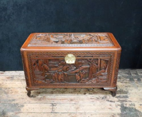 Early 20th Century Oriental Carved Teak and Camphor Wood Chest